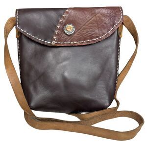 Handmade Crossbody‎ Bag Brown Red Leather Hand Stitch Western Indie Tribal Vtg